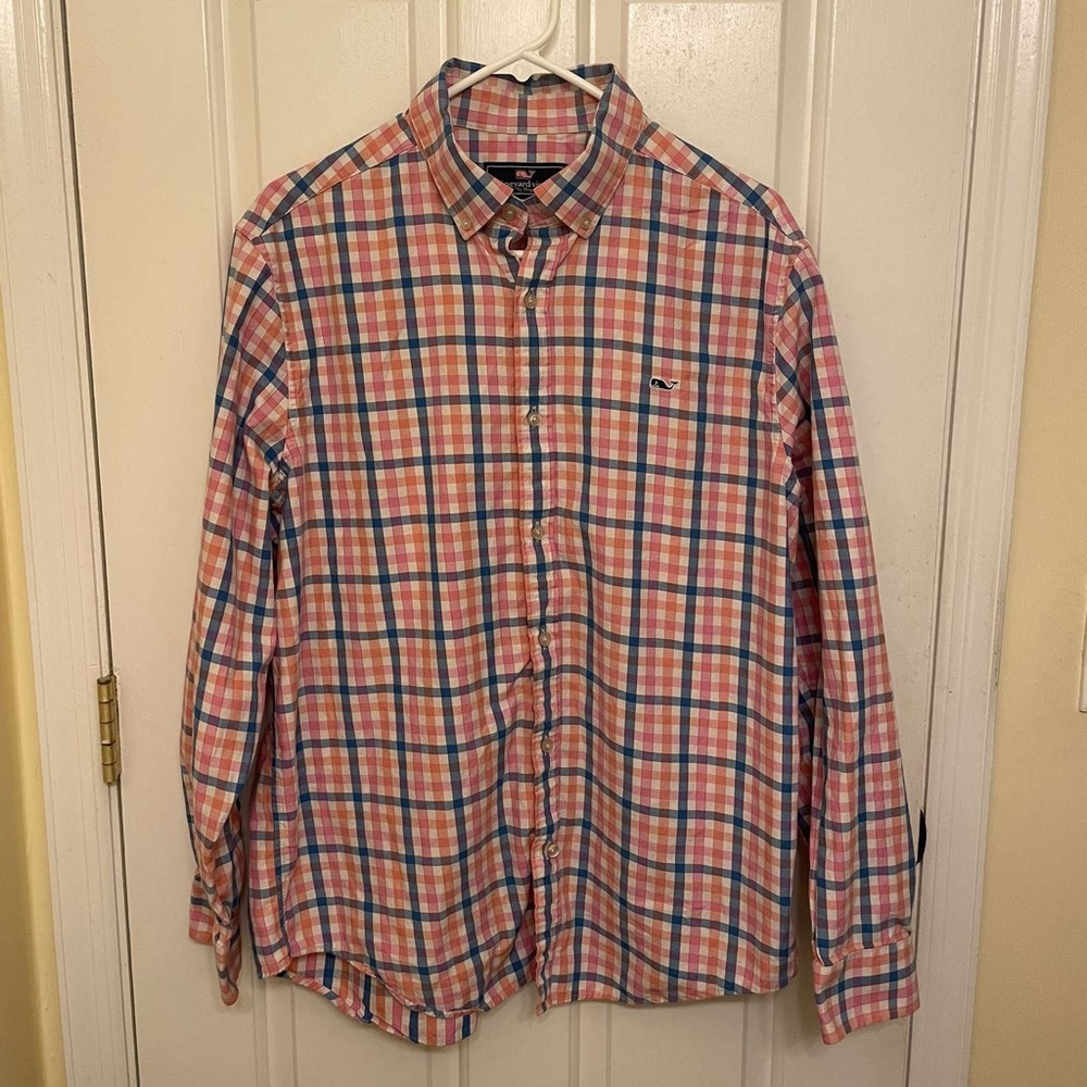 Vineyard Vines Blue and Pink Long Sleeve Business Casual Collared Dress Shirt